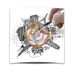 Wanduhr XXL 3D Optik Dixtime Stadt Zeichnung 50x50 cm leises Uhrwerk GQ-024