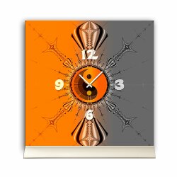 Tischuhr 30cmx30cm inkl. Alu-St&auml;nder -mystisches Design Yin Yang orange grau  ger&auml;uschloses Quarzuhrwerk -Wanduhr-Standuhr TU4239 DIXTIME