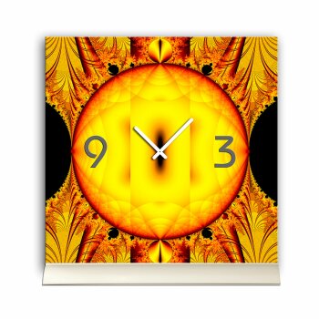 Tischuhr 30cmx30cm inkl. Alu-St&auml;nder -abstraktes Design Fraktal Muster gelb orange  ger&auml;uschloses Quarzuhrwerk -Wanduhr-Standuhr TU4372 DIXTIME 