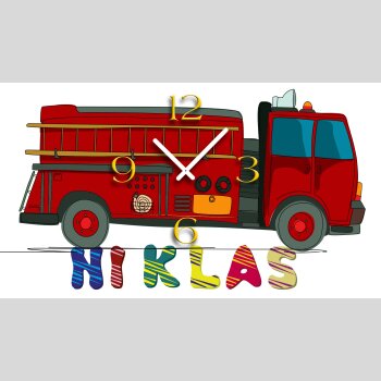 Kinder-Wanduhr Feuerwehrauto mit pers&ouml;nlichem Namen leise kein ticken DIXTIME 3D-0800