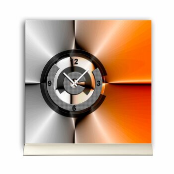 Tischuhr 30cmx30cm inkl. Alu-St&auml;nder -modernes Design silbergrau orange  ger&auml;uschloses Quarzuhrwerk -Wanduhr-Standuhr TU5035 DIXTIME 