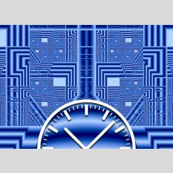 Tischuhr 30cmx30cm inkl. Alu-St&auml;nder -grafisches Design PC Optik blau  ger&auml;uschloses Quarzuhrwerk -Kaminuhr-Standuhr TU3087 DIXTIME